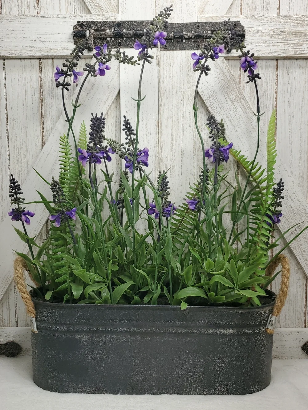 Faux Floral Lavender Fern Arrangement in Metal Planter with Rope Handles